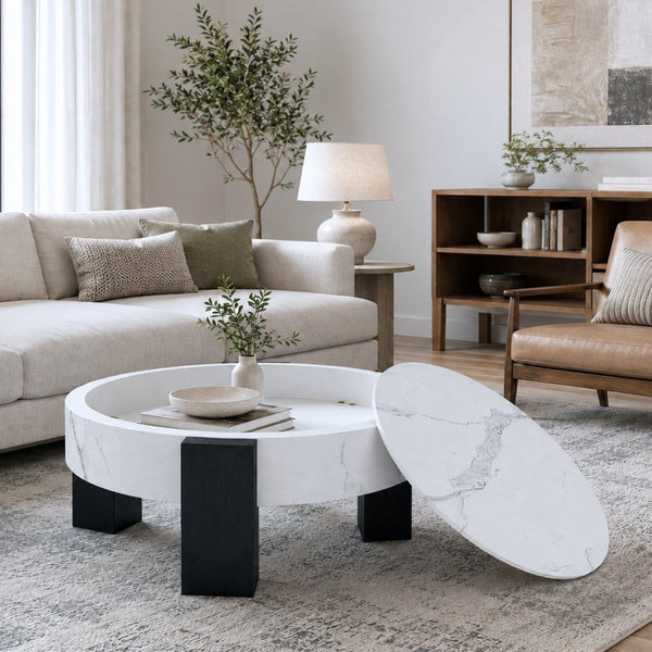 English Elm 33 Inch Round Coffee Table Marble Grain Lid Hidden Storage Black Tri Leg Modern Base W1435P508694