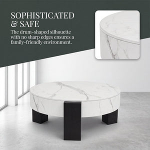 English Elm 33 Inch Round Coffee Table Marble Grain Lid Hidden Storage Black Tri Leg Modern Base W1435P508694