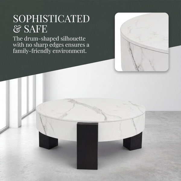 English Elm 33 Inch Round Coffee Table Marble Grain Lid Hidden Storage Black Tri Leg Modern Base W1435P508694