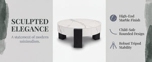 English Elm 33 Inch Round Coffee Table Marble Grain Lid Hidden Storage Black Tri Leg Modern Base W1435P508694