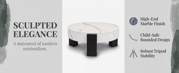 English Elm 33 Inch Round Coffee Table Marble Grain Lid Hidden Storage Black Tri Leg Modern Base W1435P508694