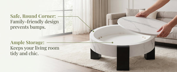 English Elm 33 Inch Round Coffee Table Marble Grain Lid Hidden Storage Black Tri Leg Modern Base W1435P508694