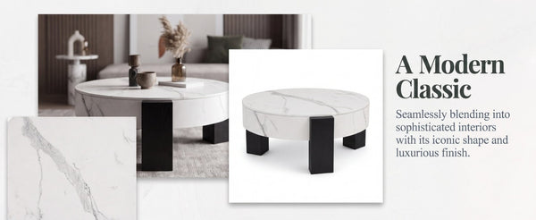 English Elm 33 Inch Round Coffee Table Marble Grain Lid Hidden Storage Black Tri Leg Modern Base W1435P508694