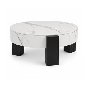 English Elm 33 Inch Round Coffee Table Marble Grain Lid Hidden Storage Black Tri Leg Modern Base W1435P508694