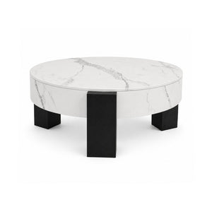 English Elm 33 Inch Round Coffee Table Marble Grain Lid Hidden Storage Black Tri Leg Modern Base W1435P508694