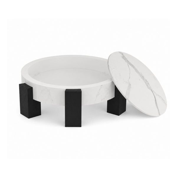 English Elm 33 Inch Round Coffee Table Marble Grain Lid Hidden Storage Black Tri Leg Modern Base W1435P508694
