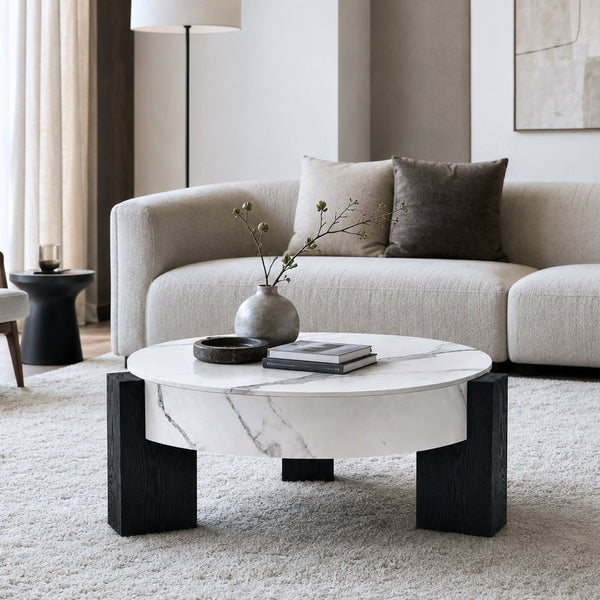 English Elm 33 Inch Round Coffee Table Marble Grain Lid Hidden Storage Black Tri Leg Modern Base W1435P508694