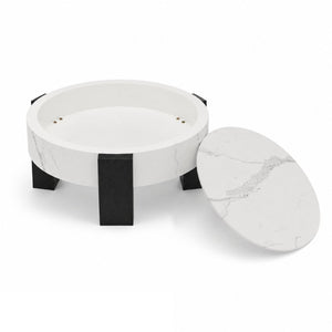 English Elm 33 Inch Round Coffee Table Marble Grain Lid Hidden Storage Black Tri Leg Modern Base W1435P508694