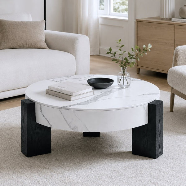 English Elm 33 Inch Round Coffee Table Marble Grain Lid Hidden Storage Black Tri Leg Modern Base W1435P508694