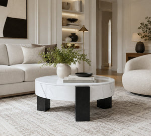 English Elm 33 Inch Round Coffee Table Marble Grain Lid Hidden Storage Black Tri Leg Modern Base W1435P508694