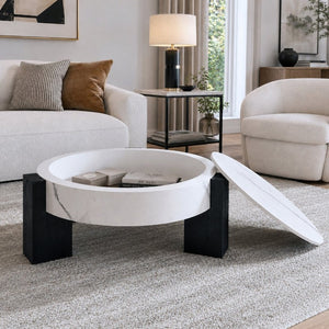 English Elm 33 Inch Round Coffee Table Marble Grain Lid Hidden Storage Black Tri Leg Modern Base W1435P508694