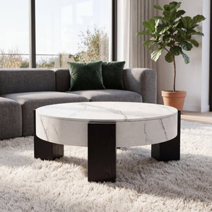 English Elm 33 Inch Round Coffee Table Marble Grain Lid Hidden Storage Black Tri Leg Modern Base W1435P508694