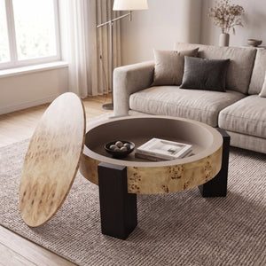 English Elm 33 Inch Round Poplar Burl Wood Cocktail Table Hidden Storage Compartment Ebonized Block Legs W1435P508697