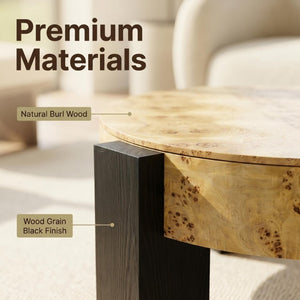 English Elm 33 Inch Round Poplar Burl Wood Cocktail Table Hidden Storage Compartment Ebonized Block Legs W1435P508697