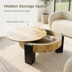 English Elm 33 Inch Round Poplar Burl Wood Cocktail Table Hidden Storage Compartment Ebonized Block Legs W1435P508697