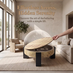 English Elm 33 Inch Round Poplar Burl Wood Cocktail Table Hidden Storage Compartment Ebonized Block Legs W1435P508697
