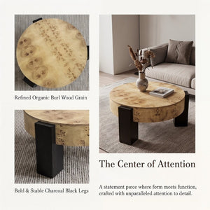 English Elm 33 Inch Round Poplar Burl Wood Cocktail Table Hidden Storage Compartment Ebonized Block Legs W1435P508697
