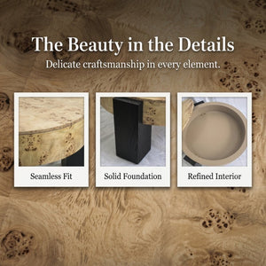 English Elm 33 Inch Round Poplar Burl Wood Cocktail Table Hidden Storage Compartment Ebonized Block Legs W1435P508697