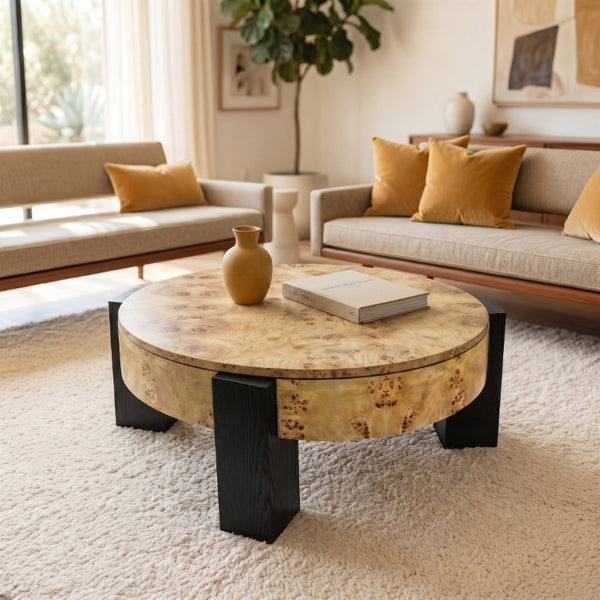 English Elm 33 Inch Round Poplar Burl Wood Cocktail Table Hidden Storage Compartment Ebonized Block Legs W1435P508697