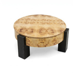 English Elm 33 Inch Round Poplar Burl Wood Cocktail Table Hidden Storage Compartment Ebonized Block Legs W1435P508697