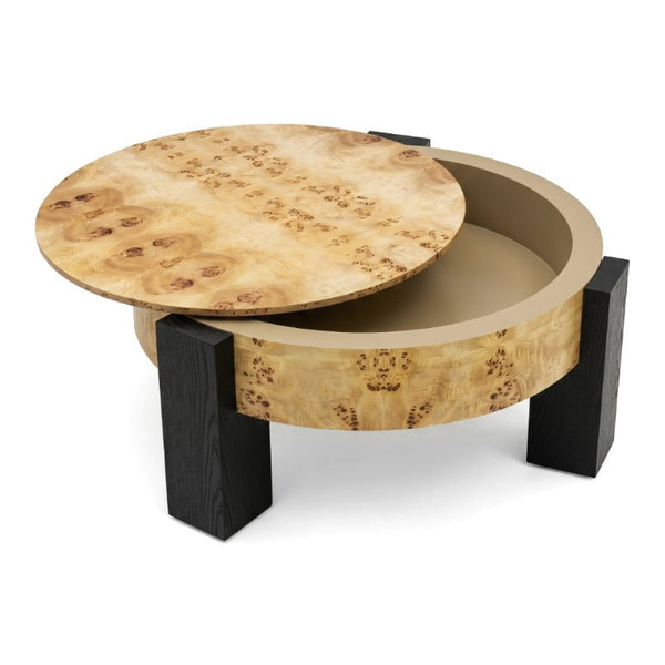 English Elm 33 Inch Round Poplar Burl Wood Cocktail Table Hidden Storage Compartment Ebonized Block Legs W1435P508697