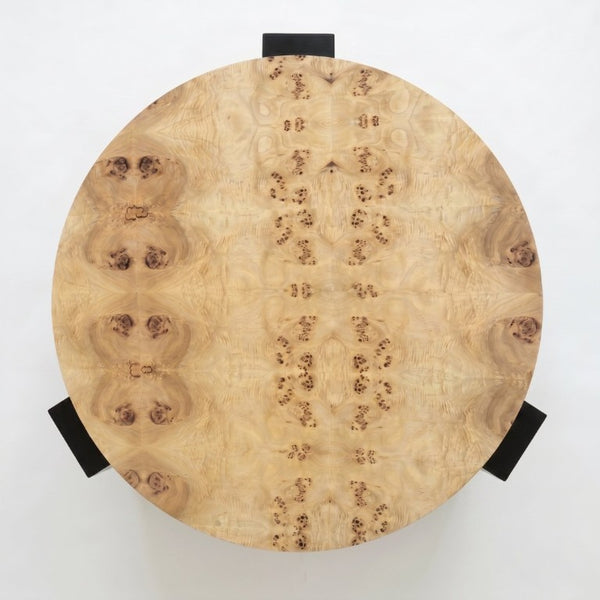 English Elm 33 Inch Round Poplar Burl Wood Cocktail Table Hidden Storage Compartment Ebonized Block Legs W1435P508697