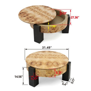 English Elm 33 Inch Round Poplar Burl Wood Cocktail Table Hidden Storage Compartment Ebonized Block Legs W1435P508697