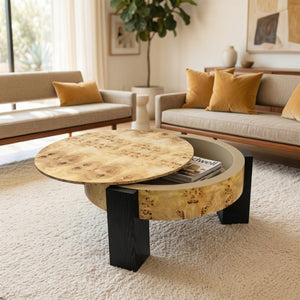 English Elm 33 Inch Round Poplar Burl Wood Cocktail Table Hidden Storage Compartment Ebonized Block Legs W1435P508697