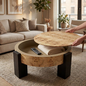 English Elm 33 Inch Round Poplar Burl Wood Cocktail Table Hidden Storage Compartment Ebonized Block Legs W1435P508697