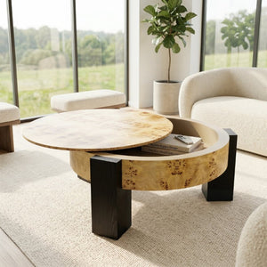 English Elm 33 Inch Round Poplar Burl Wood Cocktail Table Hidden Storage Compartment Ebonized Block Legs W1435P508697