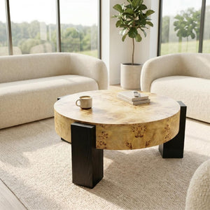 English Elm 33 Inch Round Poplar Burl Wood Cocktail Table Hidden Storage Compartment Ebonized Block Legs W1435P508697