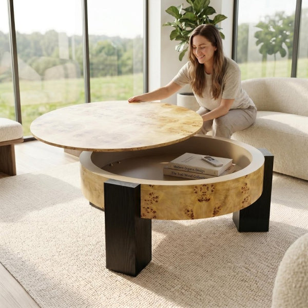 English Elm 33 Inch Round Poplar Burl Wood Cocktail Table Hidden Storage Compartment Ebonized Block Legs W1435P508697