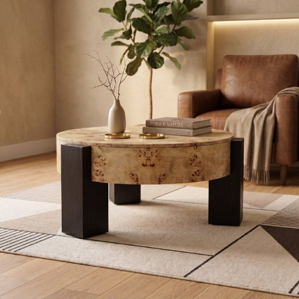 English Elm 33 Inch Round Poplar Burl Wood Cocktail Table Hidden Storage Compartment Ebonized Block Legs W1435P508697