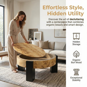 English Elm 33 Inch Round Poplar Burl Wood Cocktail Table Hidden Storage Compartment Ebonized Block Legs W1435P508697