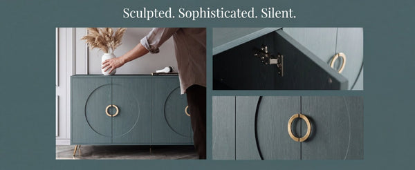 English Elm 60 Inch Dark Green Ash Veneer Sideboard with CNC Embossed Doors and Brushed Gold Legs W1435P508710