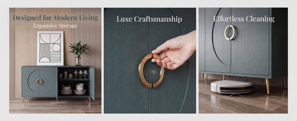English Elm 60 Inch Dark Green Ash Veneer Sideboard with CNC Embossed Doors and Brushed Gold Legs W1435P508710