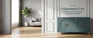 English Elm 60 Inch Dark Green Ash Veneer Sideboard with CNC Embossed Doors and Brushed Gold Legs W1435P508710