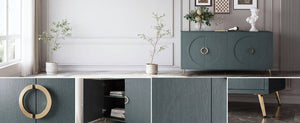 English Elm 60 Inch Dark Green Ash Veneer Sideboard with CNC Embossed Doors and Brushed Gold Legs W1435P508710