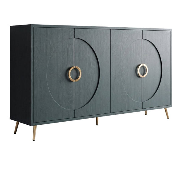 English Elm 60 Inch Dark Green Ash Veneer Sideboard with CNC Embossed Doors and Brushed Gold Legs W1435P508710