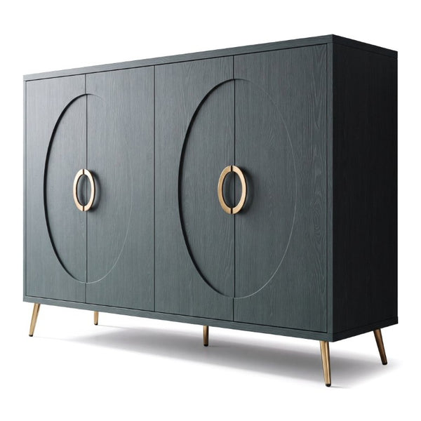 English Elm 60 Inch Dark Green Ash Veneer Sideboard with CNC Embossed Doors and Brushed Gold Legs W1435P508710