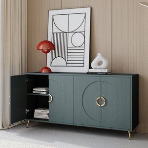 English Elm 60 Inch Dark Green Ash Veneer Sideboard with CNC Embossed Doors and Brushed Gold Legs W1435P508710