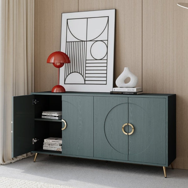 English Elm 60 Inch Dark Green Ash Veneer Sideboard with CNC Embossed Doors and Brushed Gold Legs W1435P508710