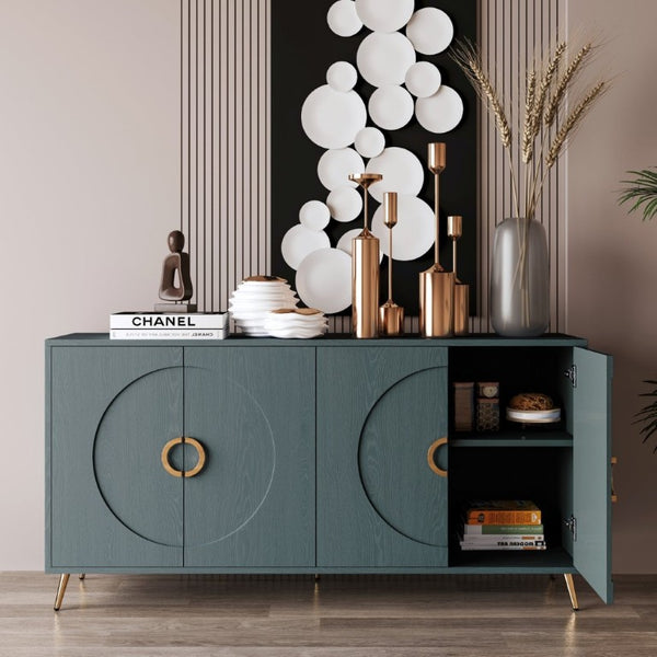 English Elm 60 Inch Dark Green Ash Veneer Sideboard with CNC Embossed Doors and Brushed Gold Legs W1435P508710