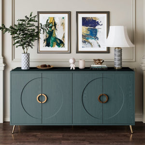 English Elm 60 Inch Dark Green Ash Veneer Sideboard with CNC Embossed Doors and Brushed Gold Legs W1435P508710