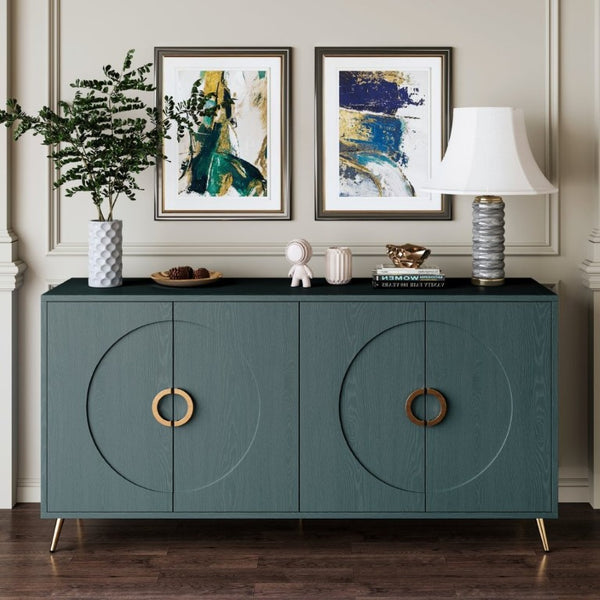 English Elm 60 Inch Dark Green Ash Veneer Sideboard with CNC Embossed Doors and Brushed Gold Legs W1435P508710