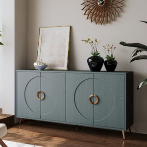 English Elm 60 Inch Dark Green Ash Veneer Sideboard with CNC Embossed Doors and Brushed Gold Legs W1435P508710