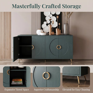 English Elm 60 Inch Dark Green Ash Veneer Sideboard with CNC Embossed Doors and Brushed Gold Legs W1435P508710