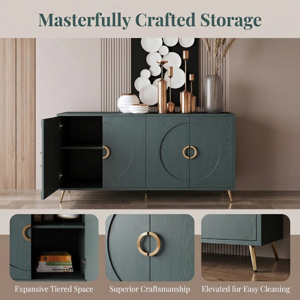 English Elm 60 Inch Dark Green Ash Veneer Sideboard with CNC Embossed Doors and Brushed Gold Legs W1435P508710