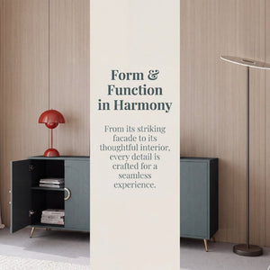 English Elm 60 Inch Dark Green Ash Veneer Sideboard with CNC Embossed Doors and Brushed Gold Legs W1435P508710