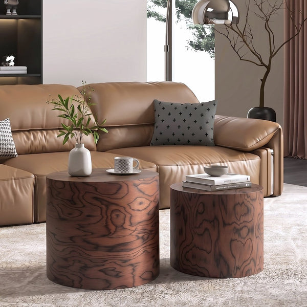 English Elm 2-piece Nesting Drum Coffee Tables Pommele Veneer Organic Modern Living Room Set W1435P520274